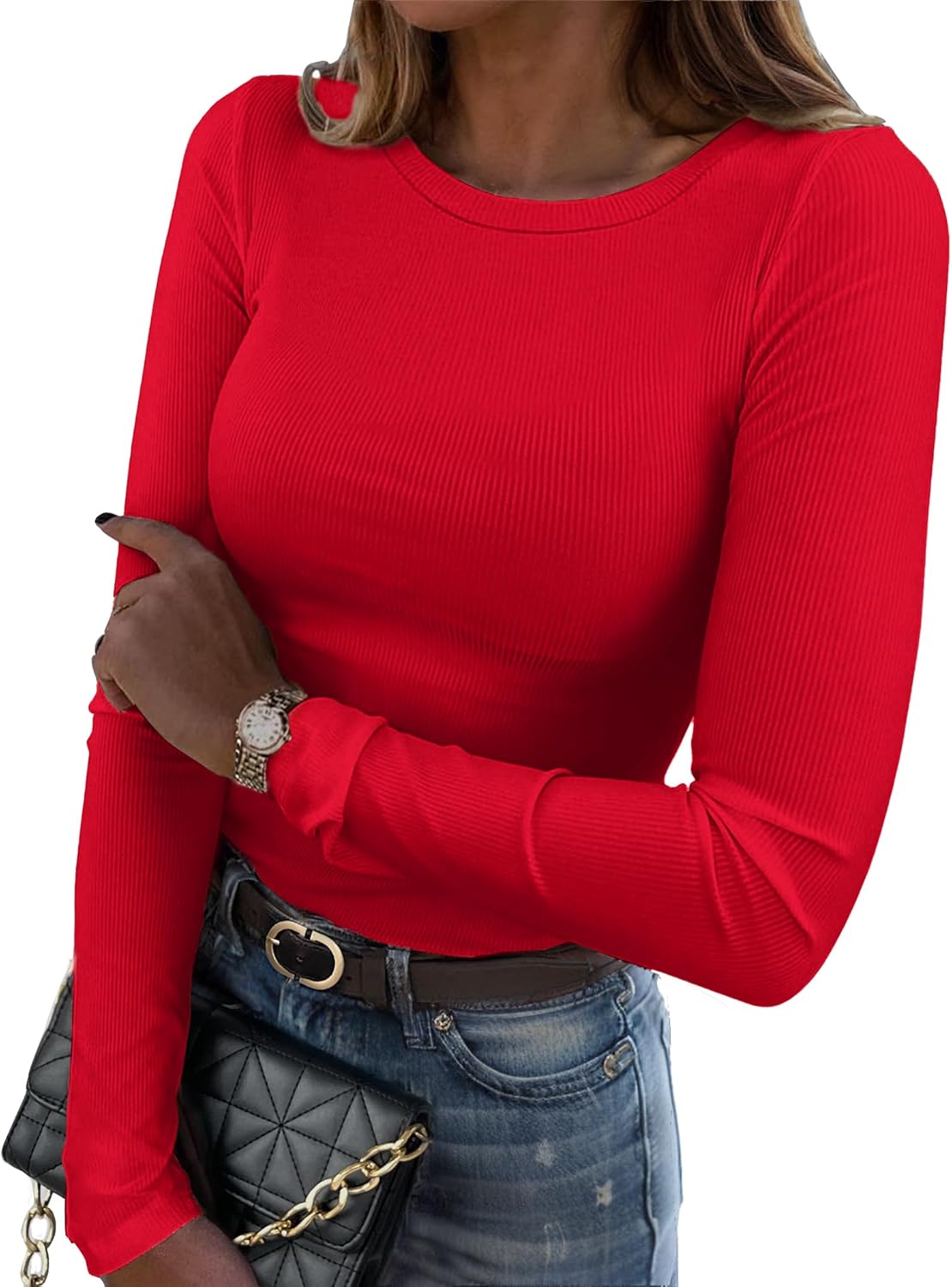 Zeagoo Womens Long Sleeve Stretch Crewneck Ribbed T-Shirt Slim Fit Casual Basic Tops S-XXL