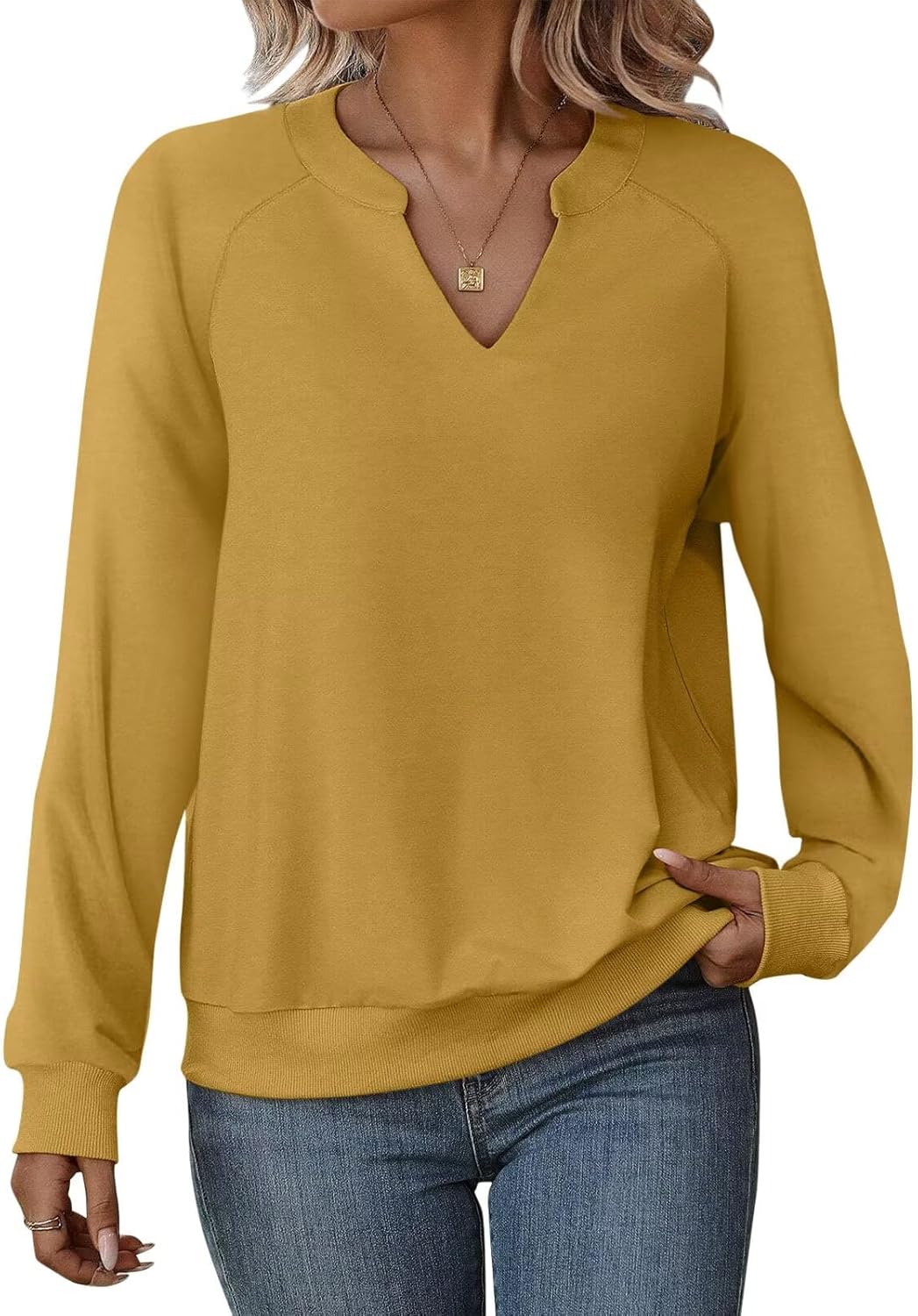 EADINVE Women Casual Long Sleeve V Neck Sweatshirts Cute Loose Fit Lightweight Pullover Tops
