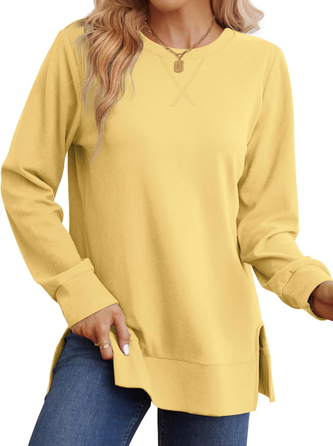 Saloogoe Sweatshirt for women Side Split Fall Fashion 2025 Long Sleeve Shirts Trending Now