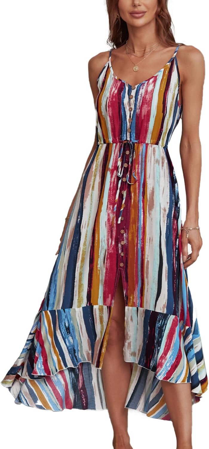 BROVAVE Women's 2025 Summer Casual Boho Sundress Polka Dot Spaghetti Strap V Neck Flowy Midi Dresses