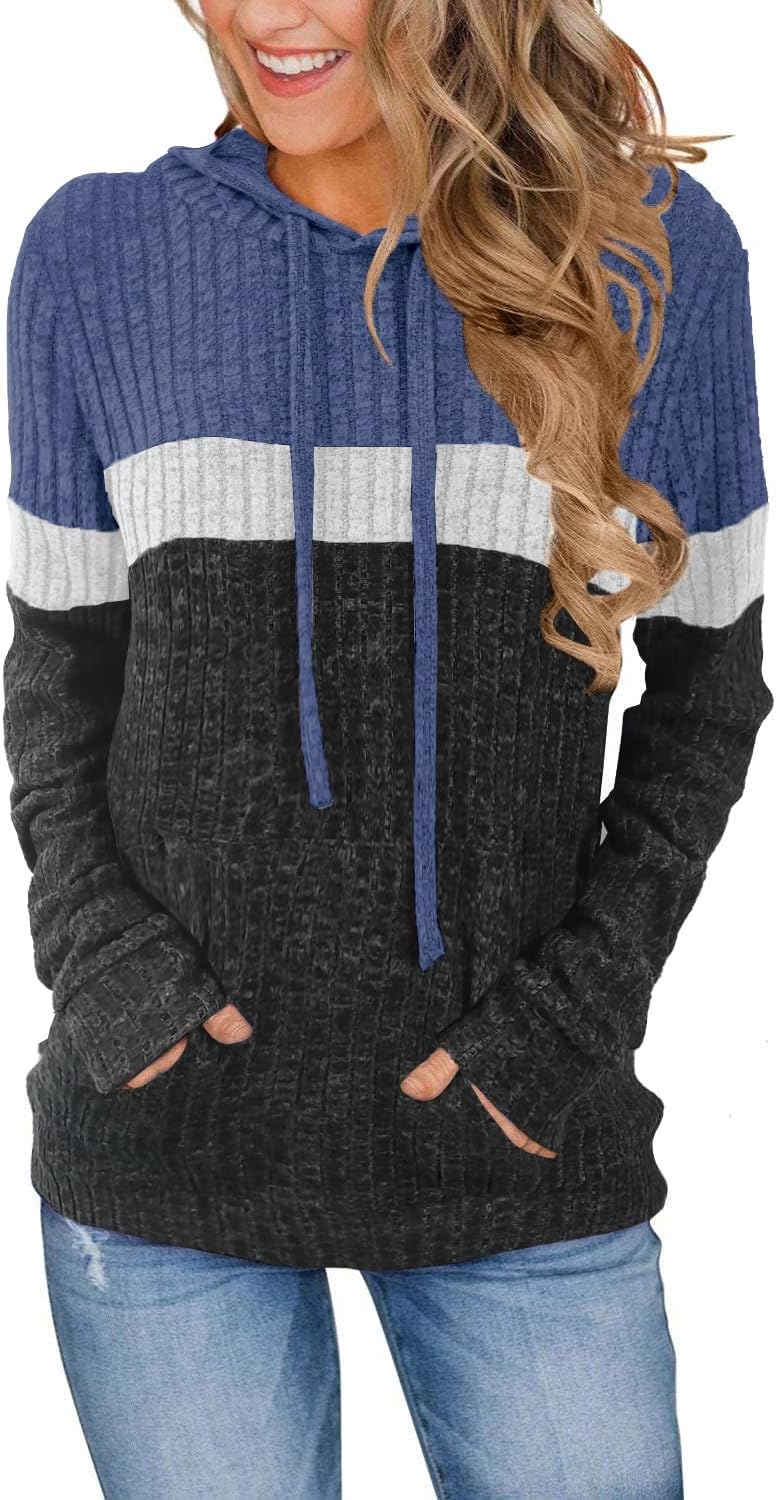 MixShe Women’s Color Block Knit Hoodie – Casual Long Sleeve Pullover Sweater Tops with Pocket