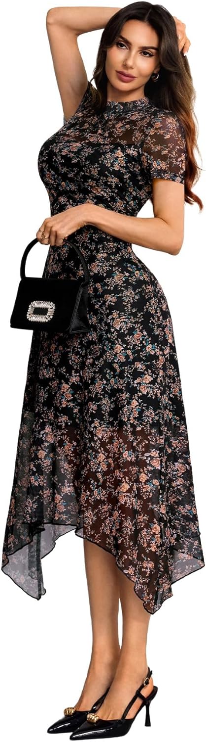 GothDark Women's 2025 Summer Floral Print Vintage Goth Dress Mesh Spliced Double-Layered Irregular Hemline Midi Dress