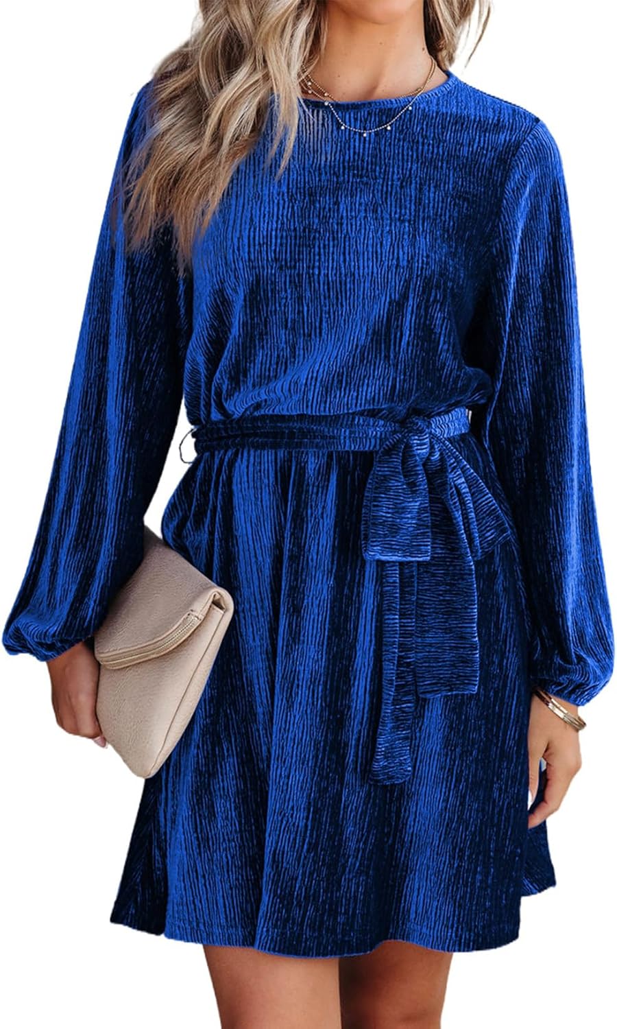 Happy Sailed Women's Velvet Dress Fall Fashion Lantern Sleeve High Waist A-Line Skater Cocktail Party Dresses with Belt