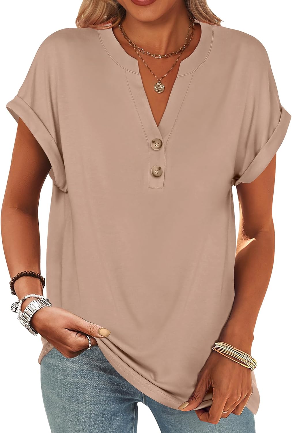 ANRABESS Womens Short Sleeve Henley Tops V Neck Dressy Casual Blouses Summer Trendy Tee Shirts 2025 Vacation Fashion Clothes