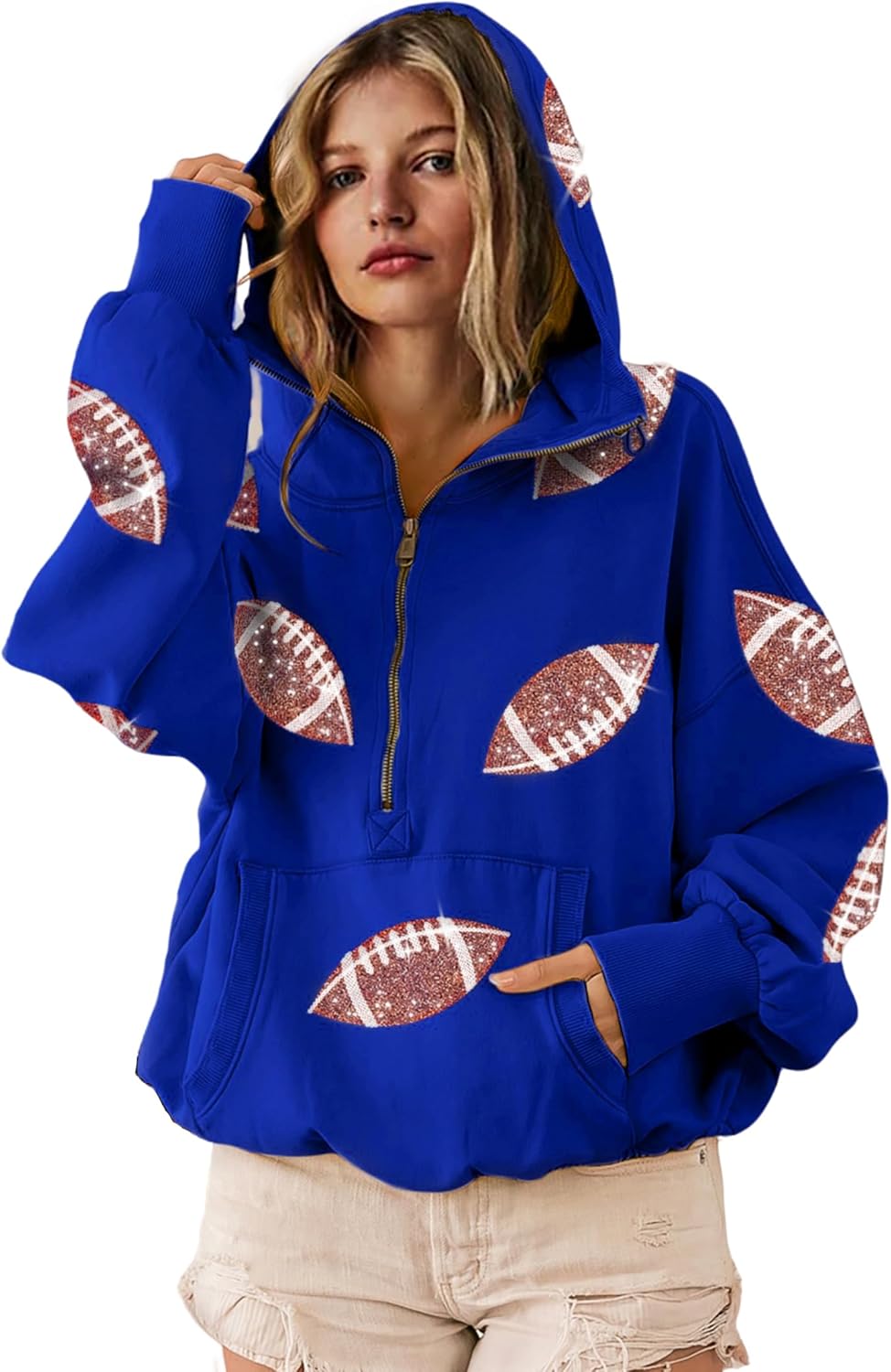 SeekMe Womens Game Day Sweatshirts Football Sequin Hoodies Tailgate Outfits Long Sleeve Zipper Sweaters with Pocket