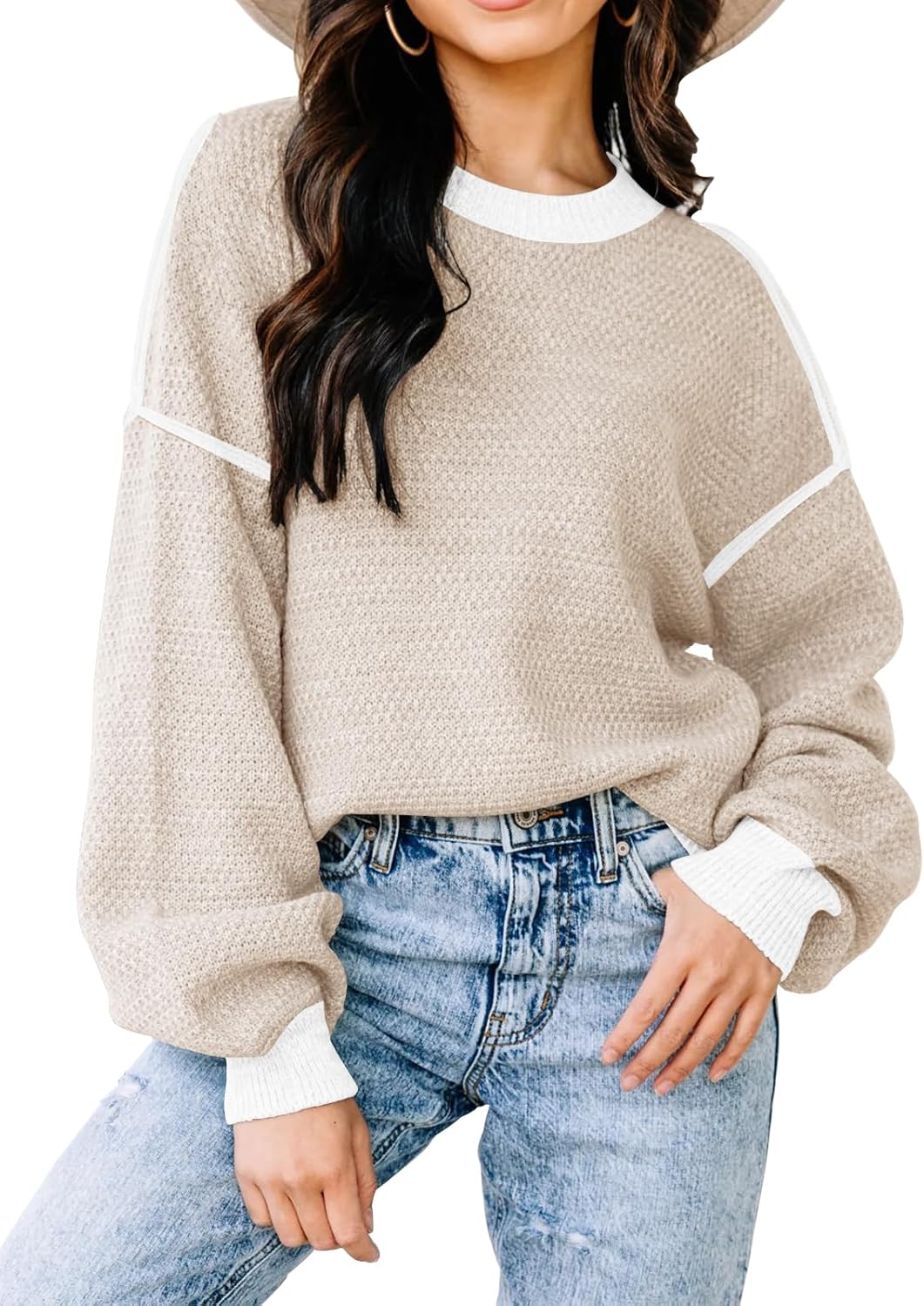 Womens Sweaters Fall 2025 Fashion Long Sleeve Color Block Oversized Sweater Trendy Casual Crew Neck Knitted Tops Pullover
