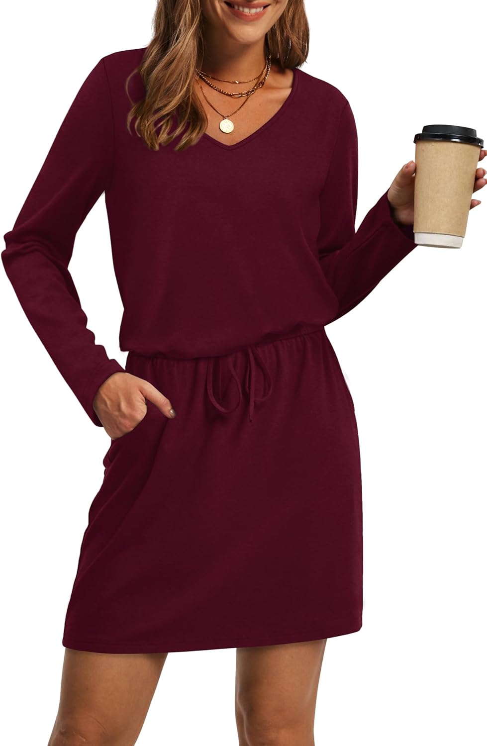 OFEEFAN Fall Dresses for Women 2025 Loose V Neck Long Sleeve T Shirts Casual Sundresses Tie Front A-Line Dresses