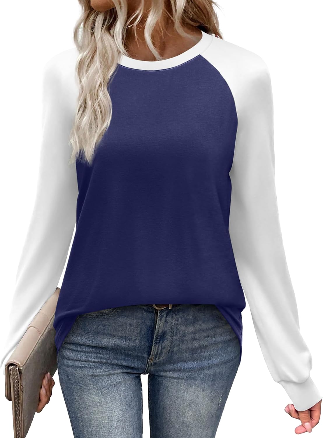 WIHOLL Long Sleeve Shirts for Women Color Block Raglan Tops Casual Crewneck Basic Tees Fall Clothes 2025 Fashion