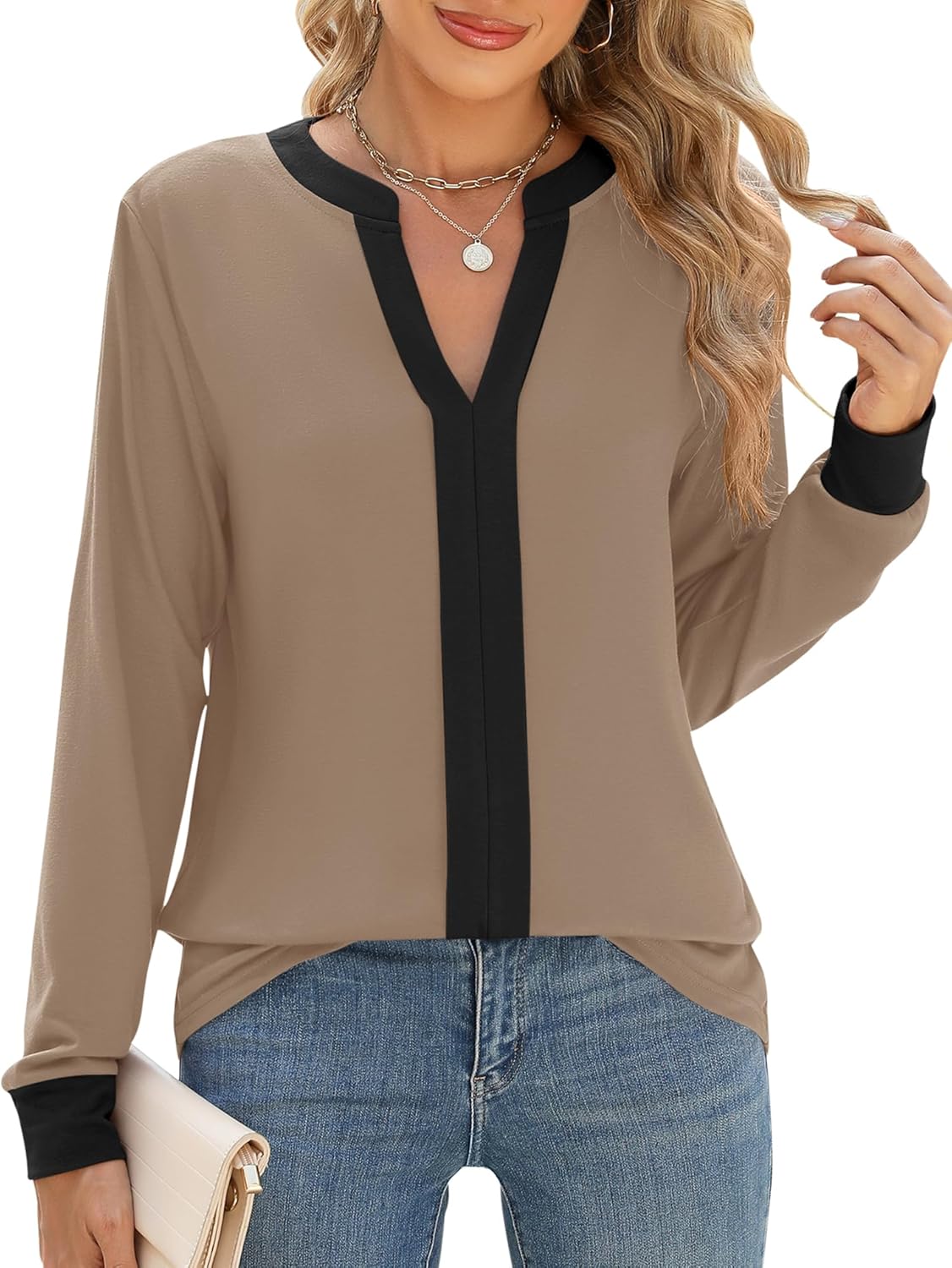 Micoson Womens Tops Dressy Casual Long Sleeve Business Knit T Shirts V Neck Pleated Work Blouses Loose Fall Trendy Clothes