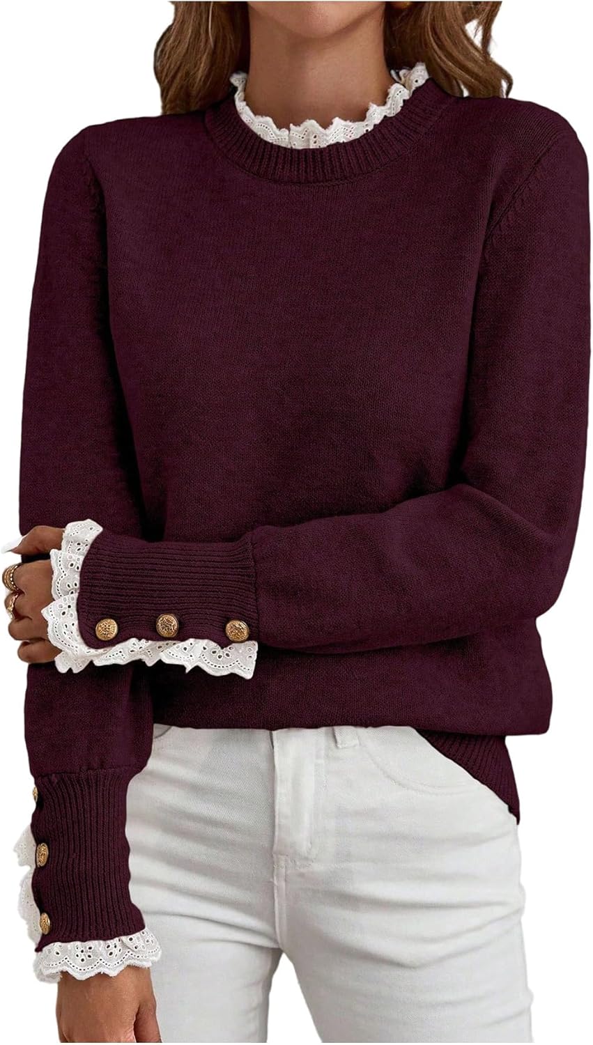 MakeMeChic Women's Fall Sweaters Lace Peplum Mock Neck Cozy Sweater Pullover
