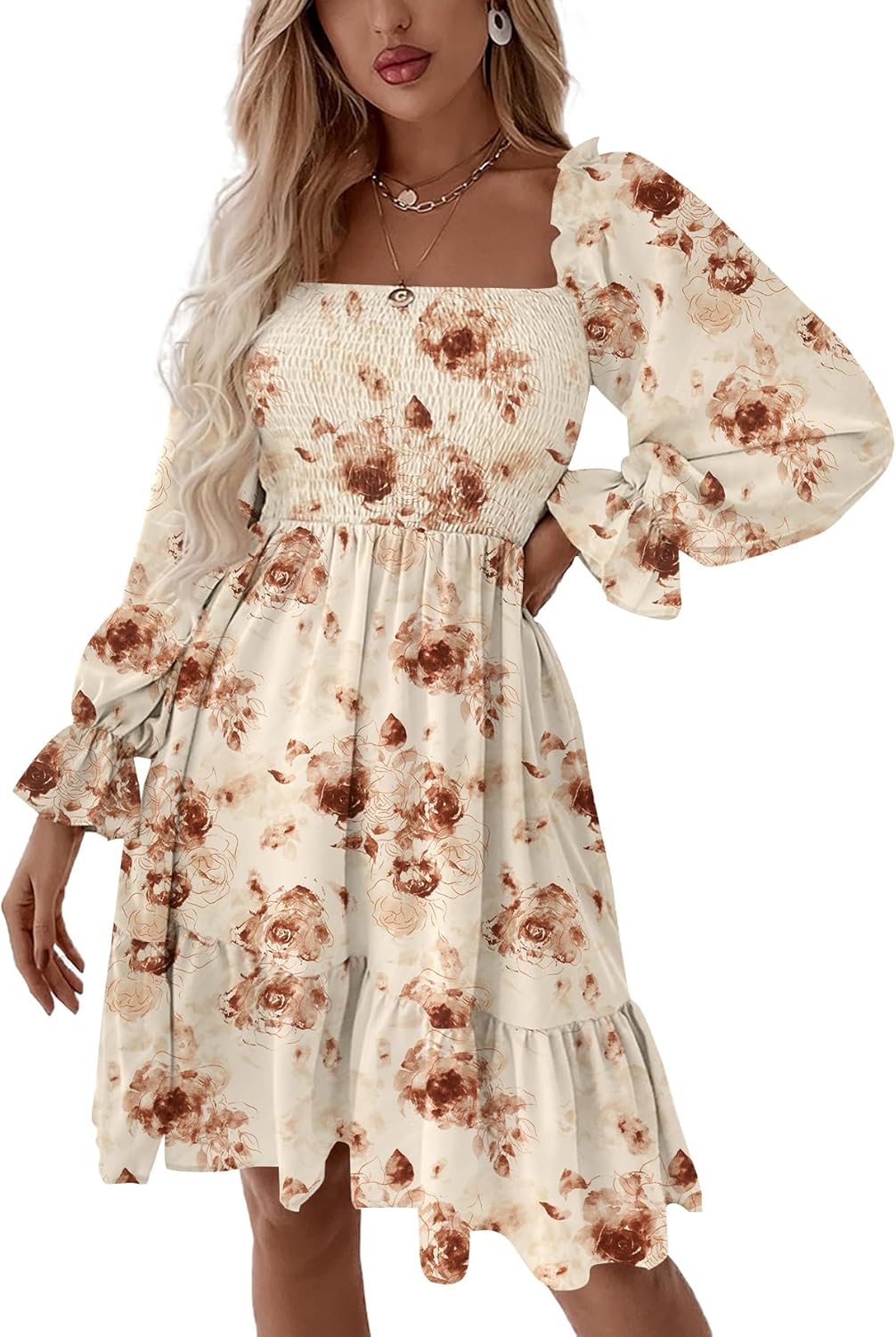 LYANER Women's Square Neck Lantern Long Sleeve Ruffle Shirred Flowy Party Mini Dress