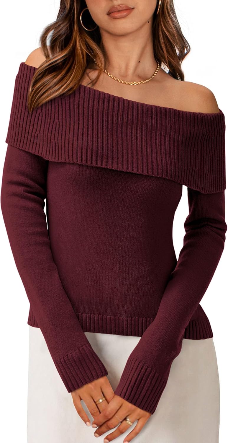 PRETTYGARDEN Off The Shoulder Sweater for Women 2025 Fall Fashion Cute Long Sleeve Tops Winter Ribbed Pullover Knit Outfits
