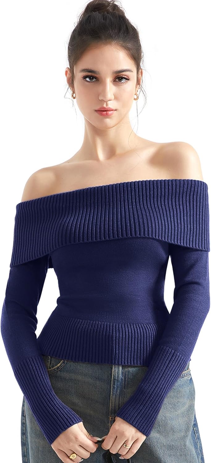 SUUKSESS Women Off Shoulder Sweaters Long Sleeve Ribbed Knit Going Out Fall Tops Blouse