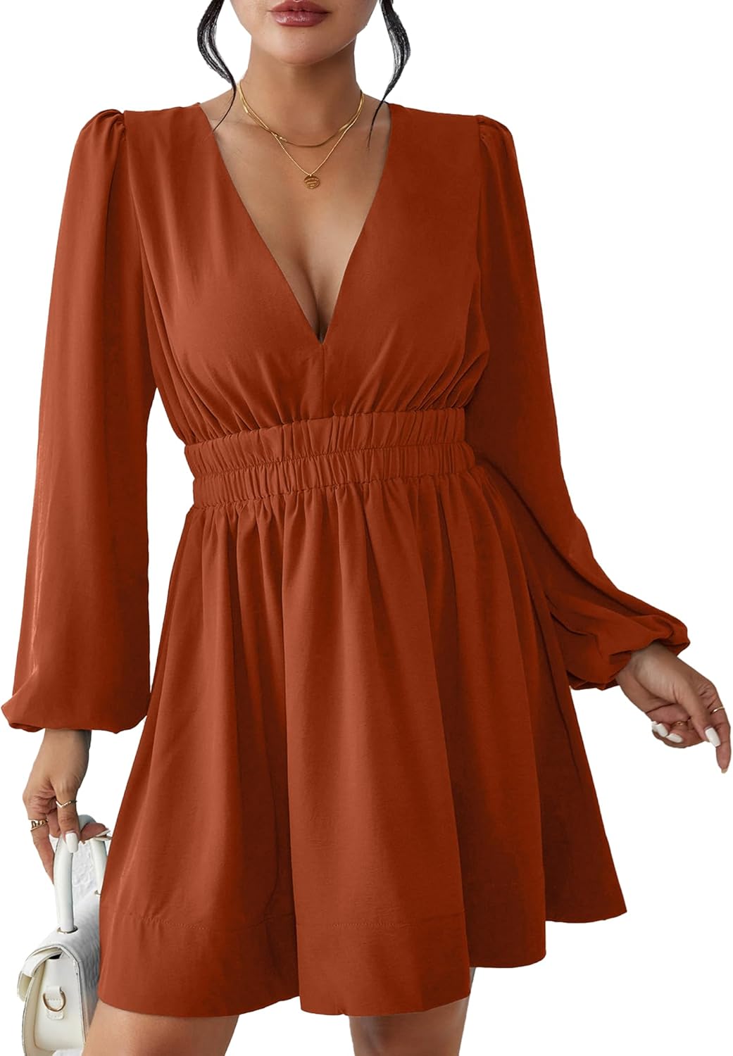 FAIABLE Mini Deep V Sexy Long Sleeve Dress for Women A-line High Waisted Casual Flowy Dress for Cocktail Wedding Guest