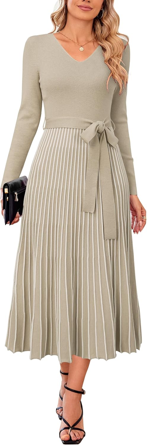 Arach&Cloz Women's Wool Blend Tie Waist Pleated Fall Sweater Dress 2025