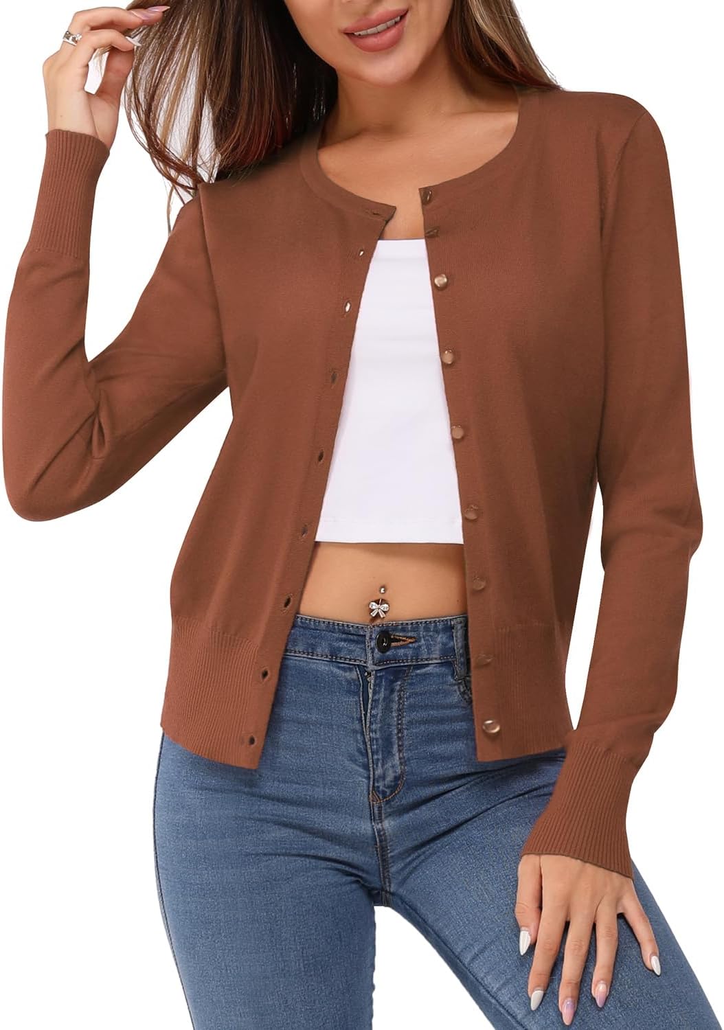 Newshows Women's Lightweight Button Down Cardigan Long Sleeve Casual Crew Neck Soft Knit Cardigans Sweater Tops