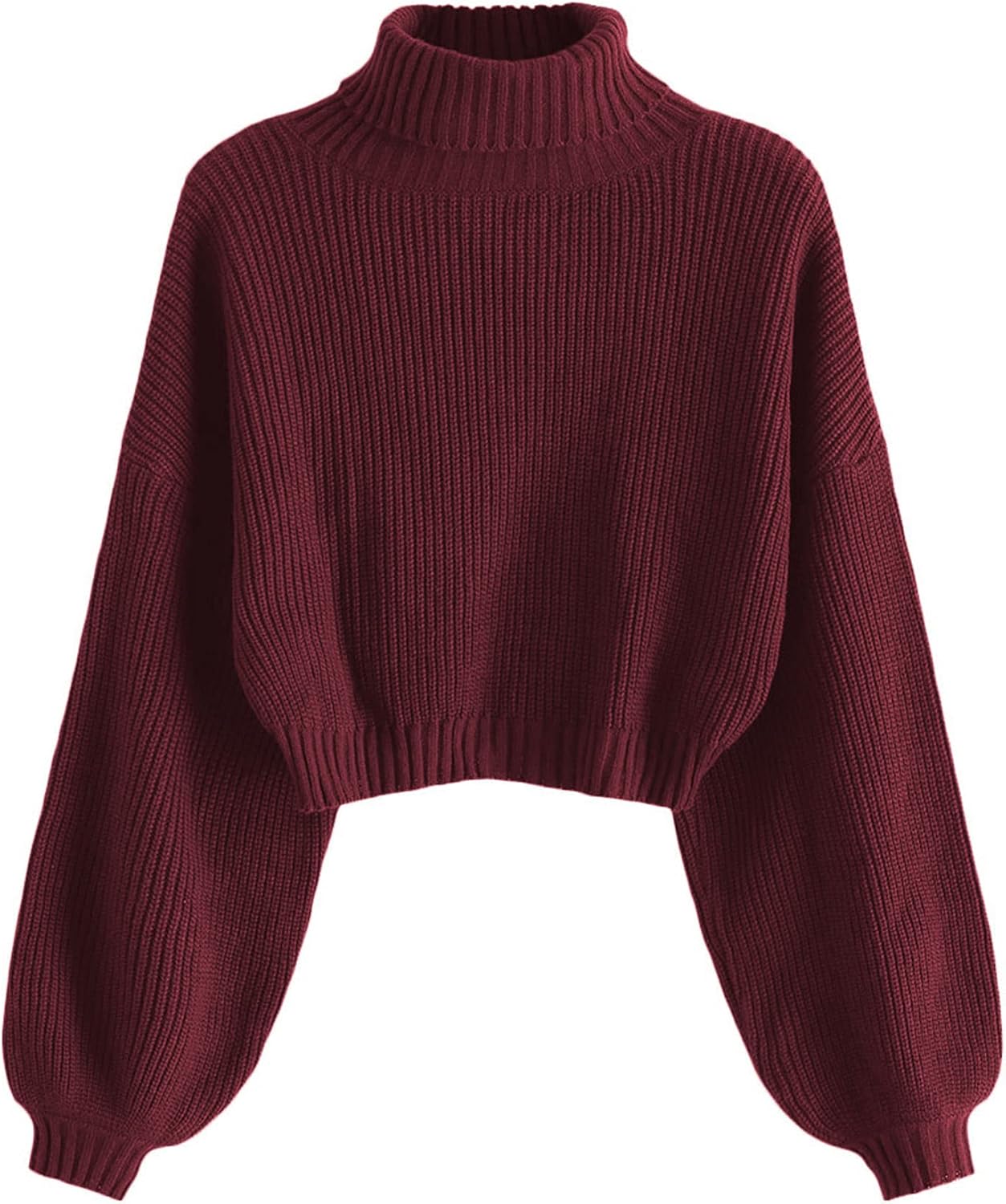 ZAFUL Women's Cropped Turtleneck Sweater Lantern Sleeve Ribbed Knit Pullover Sweater Jumper