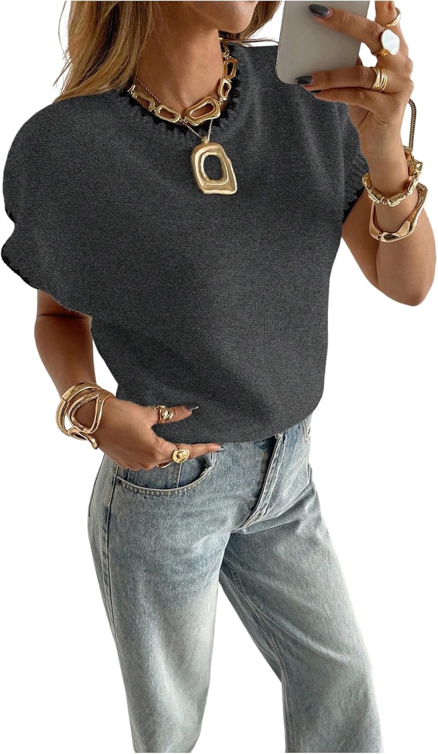 SOLY HUX Women's Ribbed Sweater Crew Neck Short Sleeve Loose Fit Floral Knit Pullover Tops