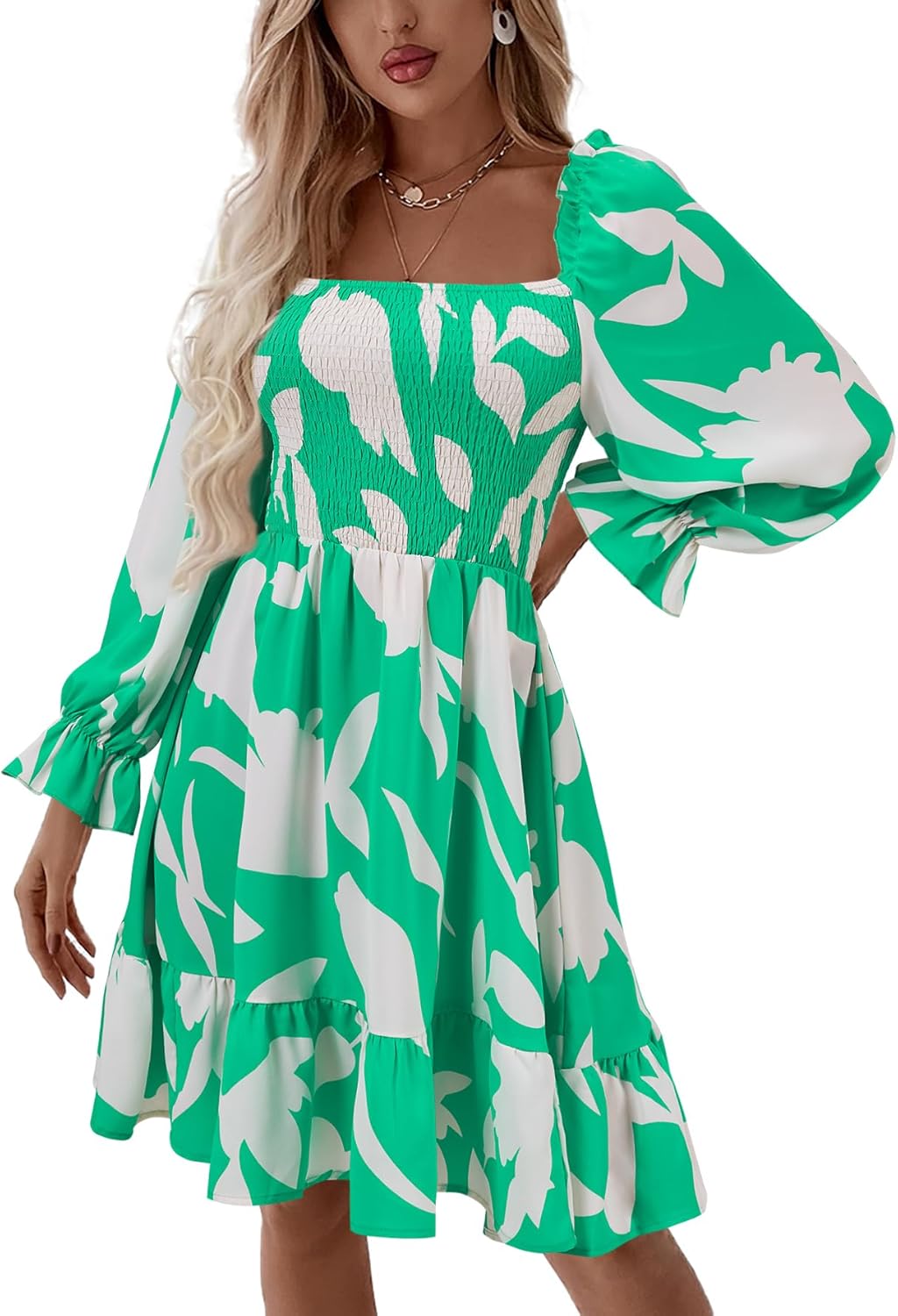 LYANER Women's Square Neck Lantern Long Sleeve Ruffle Shirred Flowy Party Mini Dress