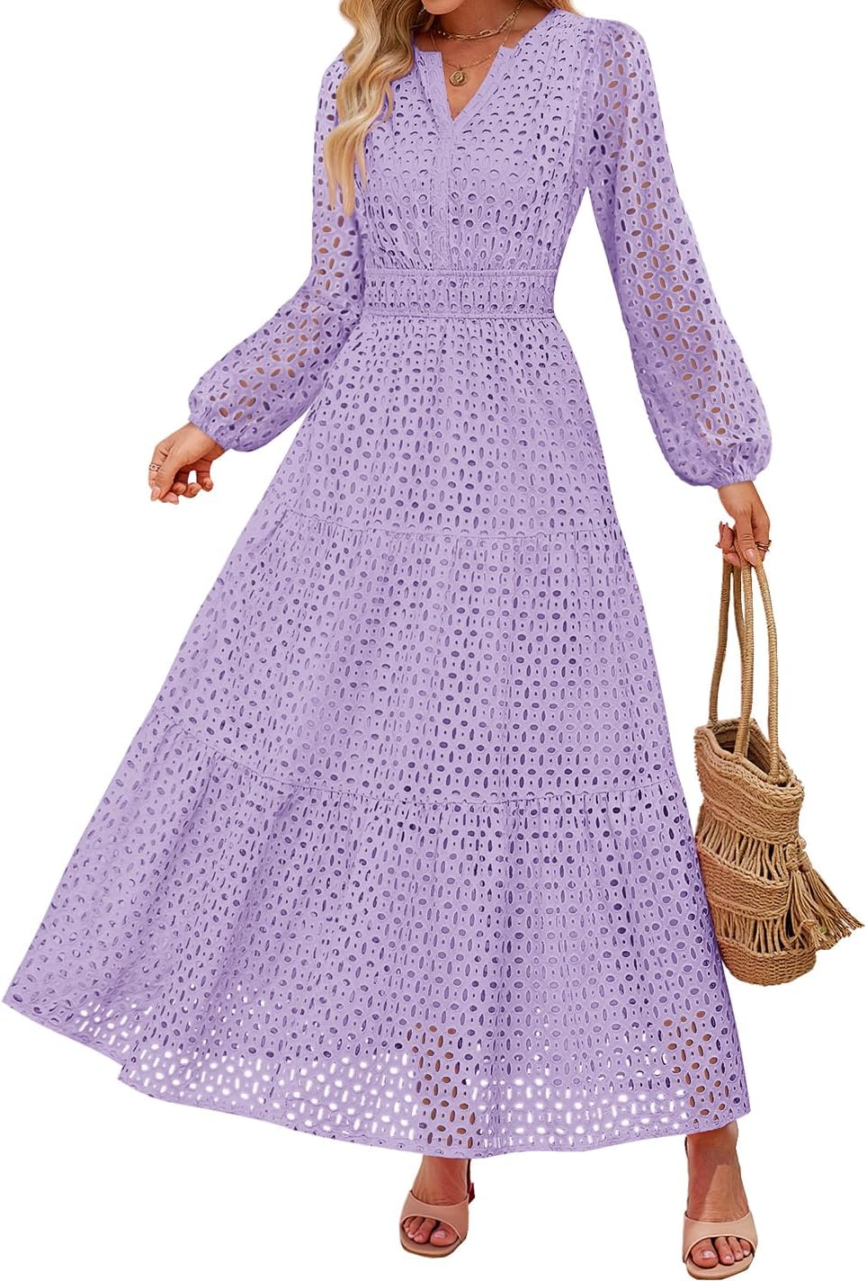 ZESICA Women's 2025 Fall Long Sleeve Maxi Dress V Neck Hollow Out Eyelet A Line Long Flowy Casual Party Dresses