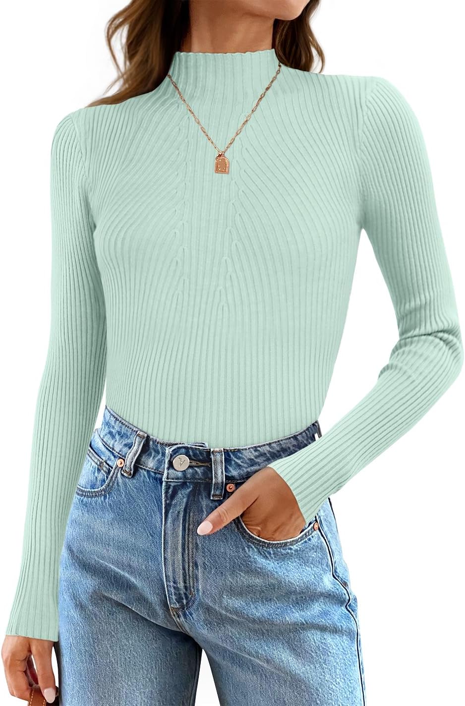 ZESICA Women's 2025 Fall Long Sleeve Turtleneck T Shirt Ribbed Knit Sweater Slim Fit Basic Casual Tee Tops