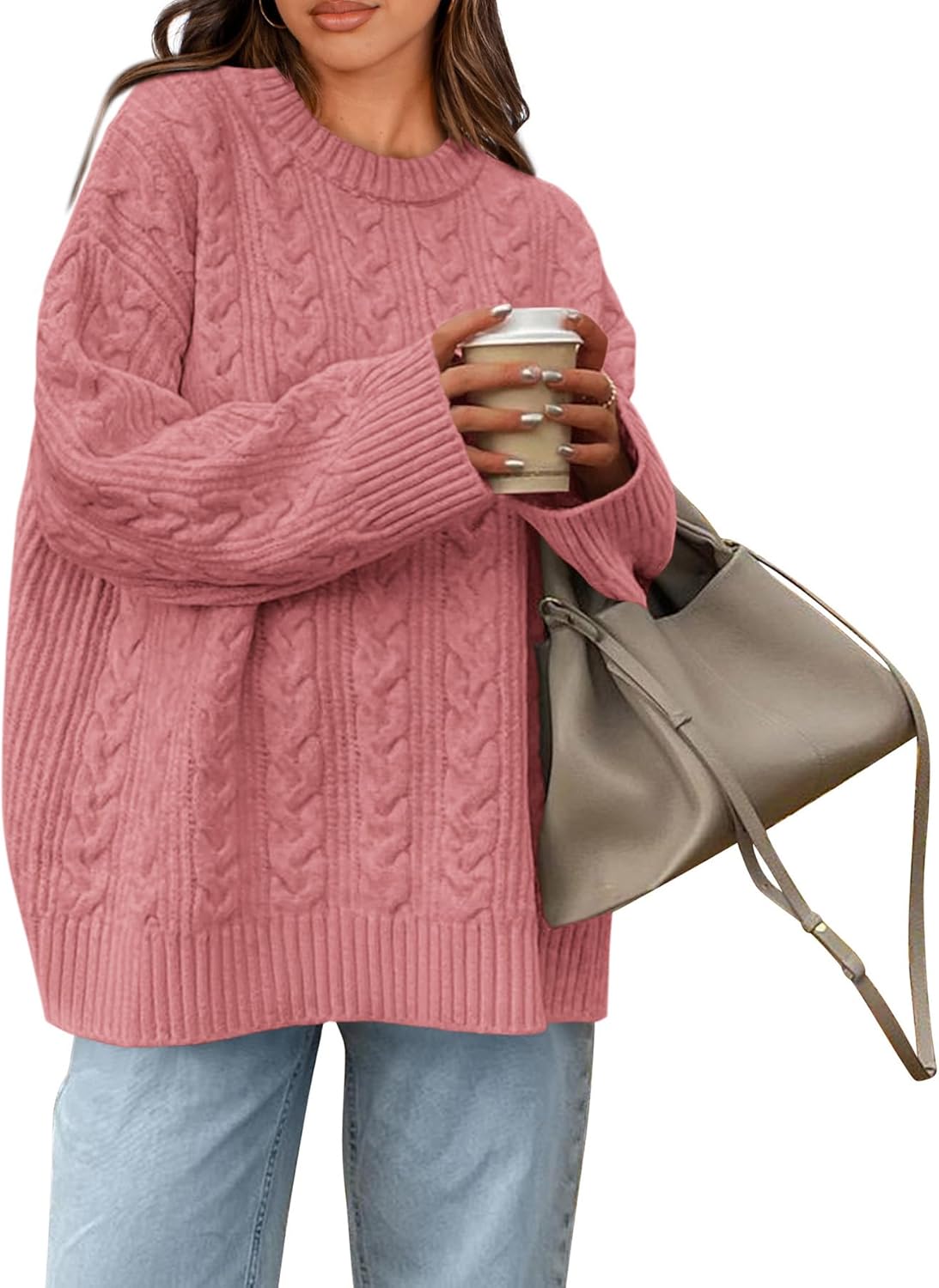 Okiwam Women's Oversized Sweaters Crewneck Cable Knit Pullover Casual Loose Fall Outfits Fashion Clothes 2025