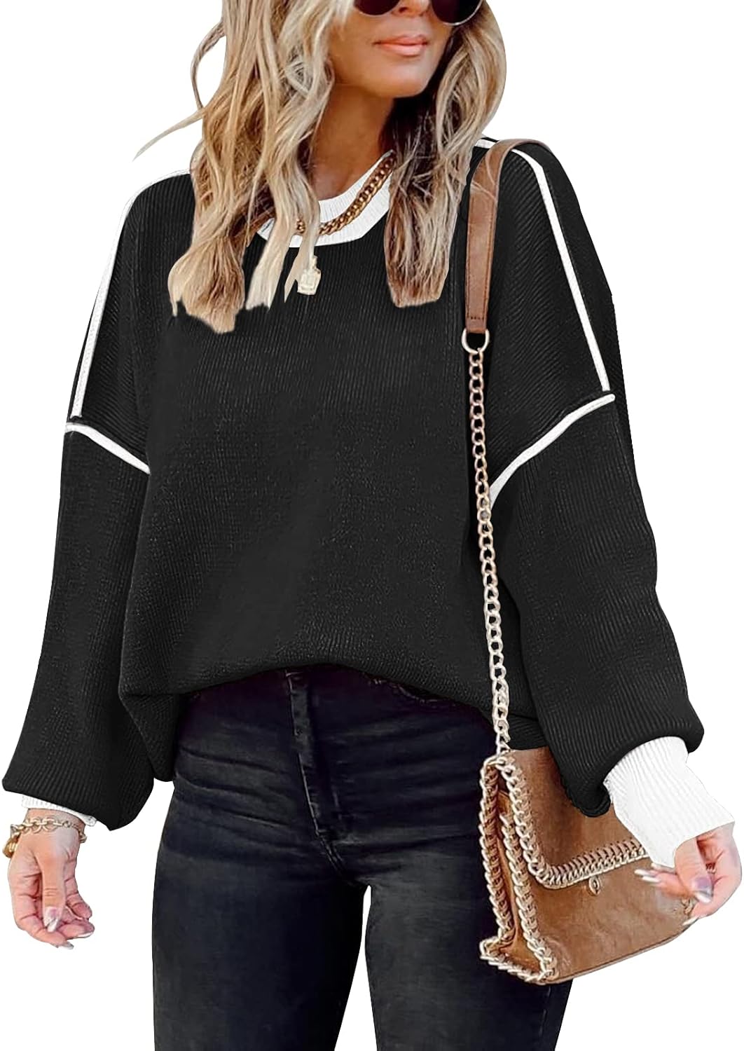 ETCYY Womens Oversized Sweaters Fall 2025 Fashion Clothes Trendy Batwing Sleeve Colorblock Striped Knit Pullover Tops