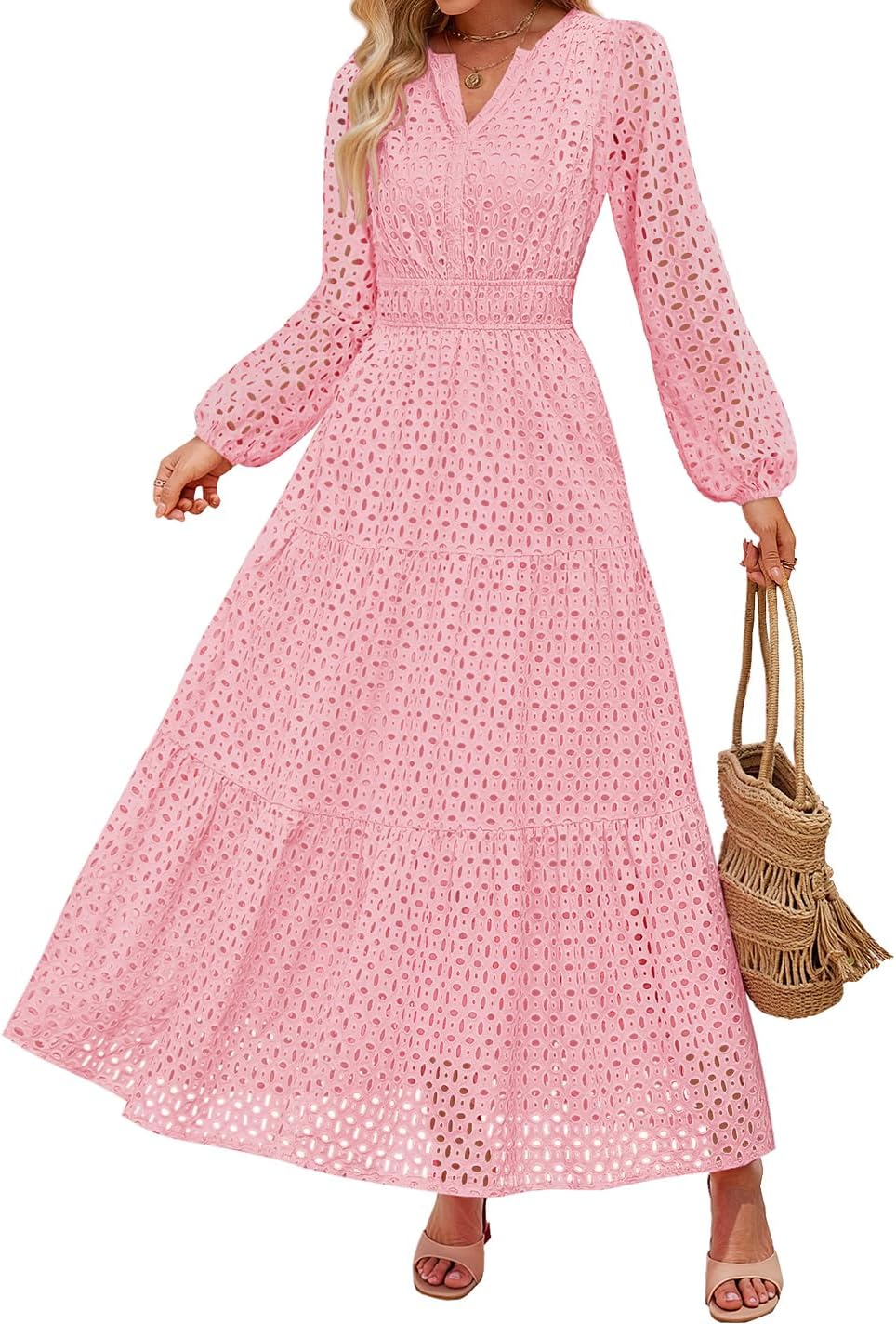ZESICA Women's 2025 Fall Long Sleeve Maxi Dress V Neck Hollow Out Eyelet A Line Long Flowy Casual Party Dresses
