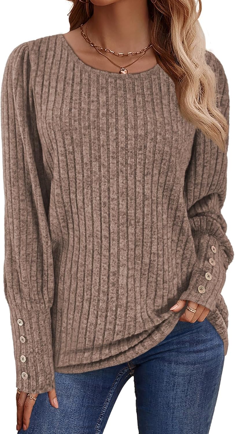 Lylinan Womens Ribbed Knit Long Sleeve Tops Casual Button Cuff Pullover Sweaters Blouses S-XXL