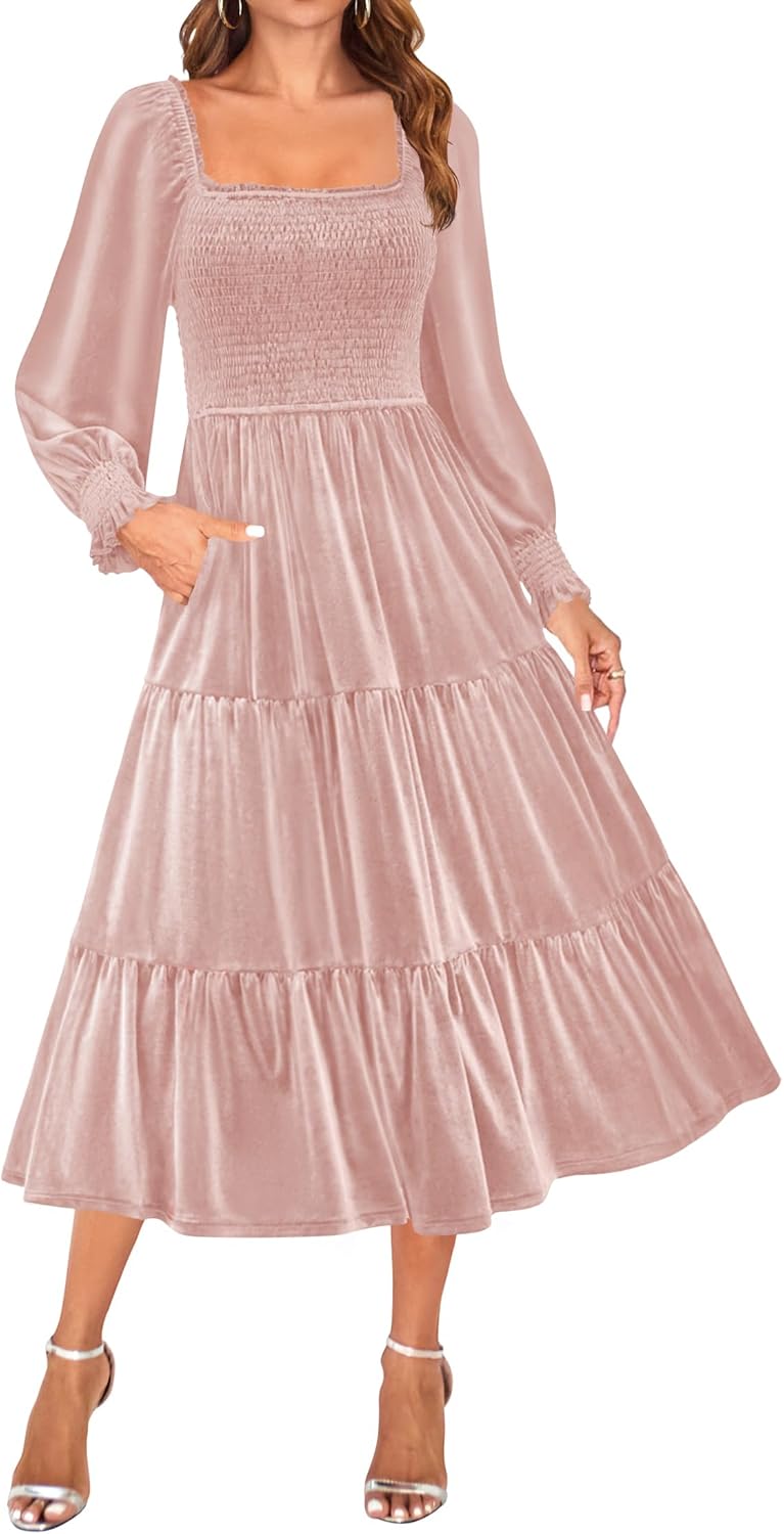 ZESICA Women's Velvet Long Sleeve Dresses 2025 Winter Square Neck Smocked Ruffle A Line Flowy Cocktail Party Midi Dress