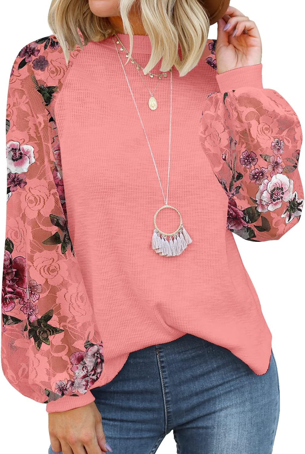 MIHOLL Women’s Long Sleeve Tops Lace Casual Loose Blouses T Shirts