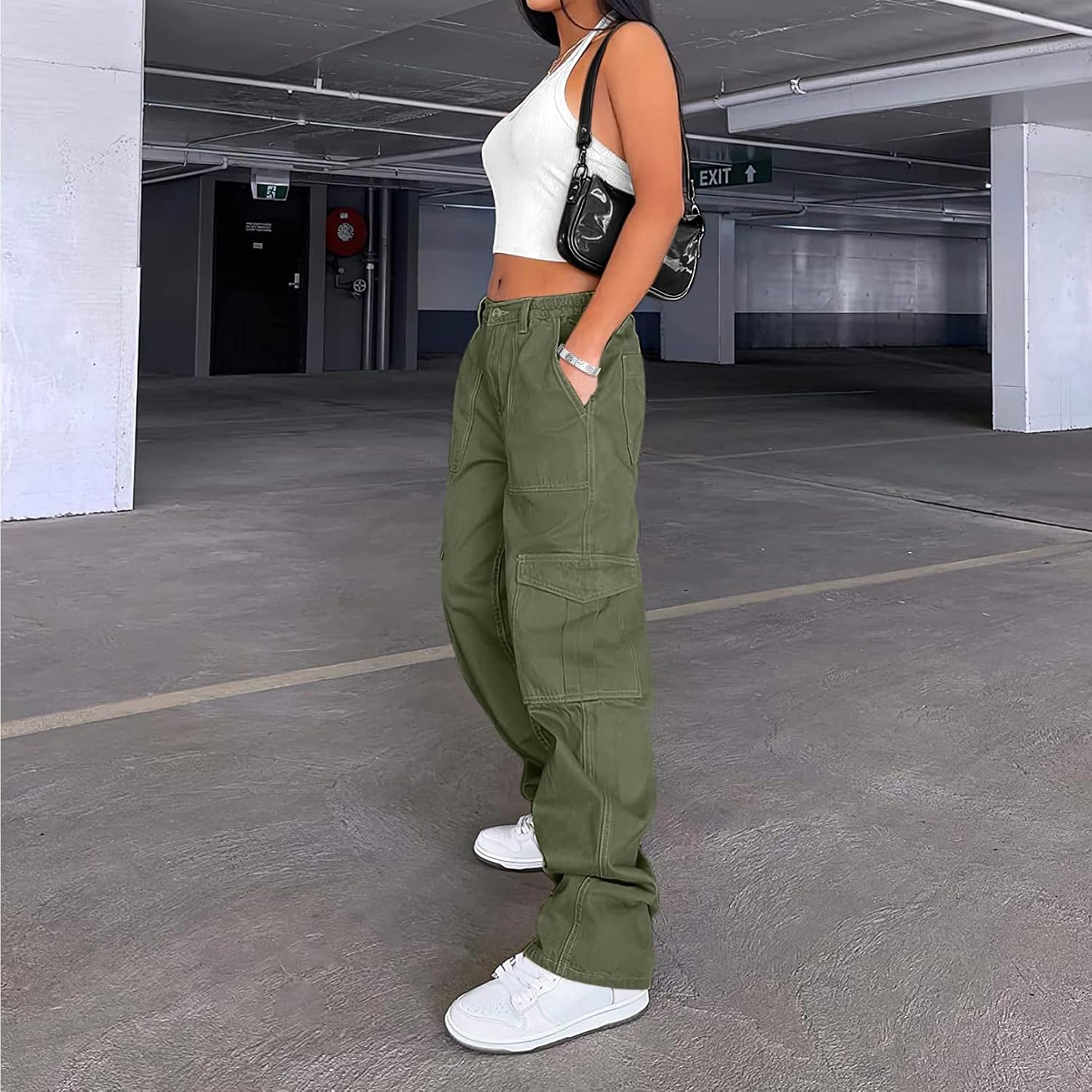 Lepunuo Cargo Pants for Women High Waisted Casual Pants Baggy Stretchy Wide Leg Y2K Streetwear with 6 Pockets