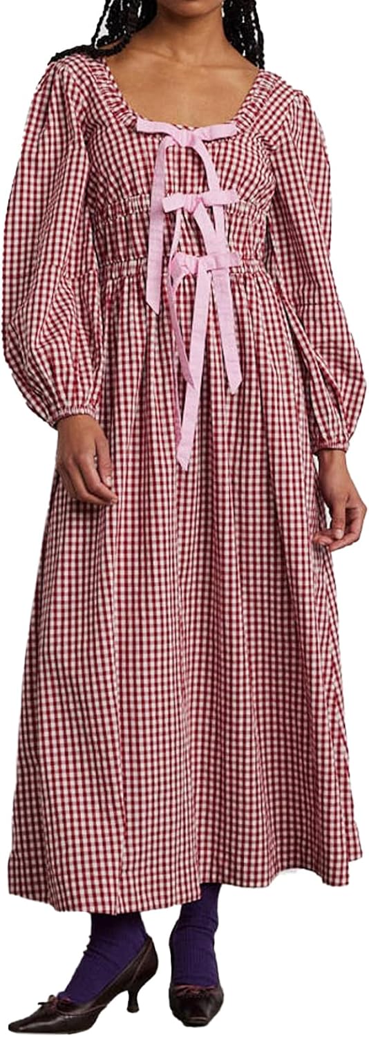 Women Plaid Maxi Dress Long Puff Sleeve Square Neck Flowy Boho Dress Bow Tie Smocked Fall Dresses