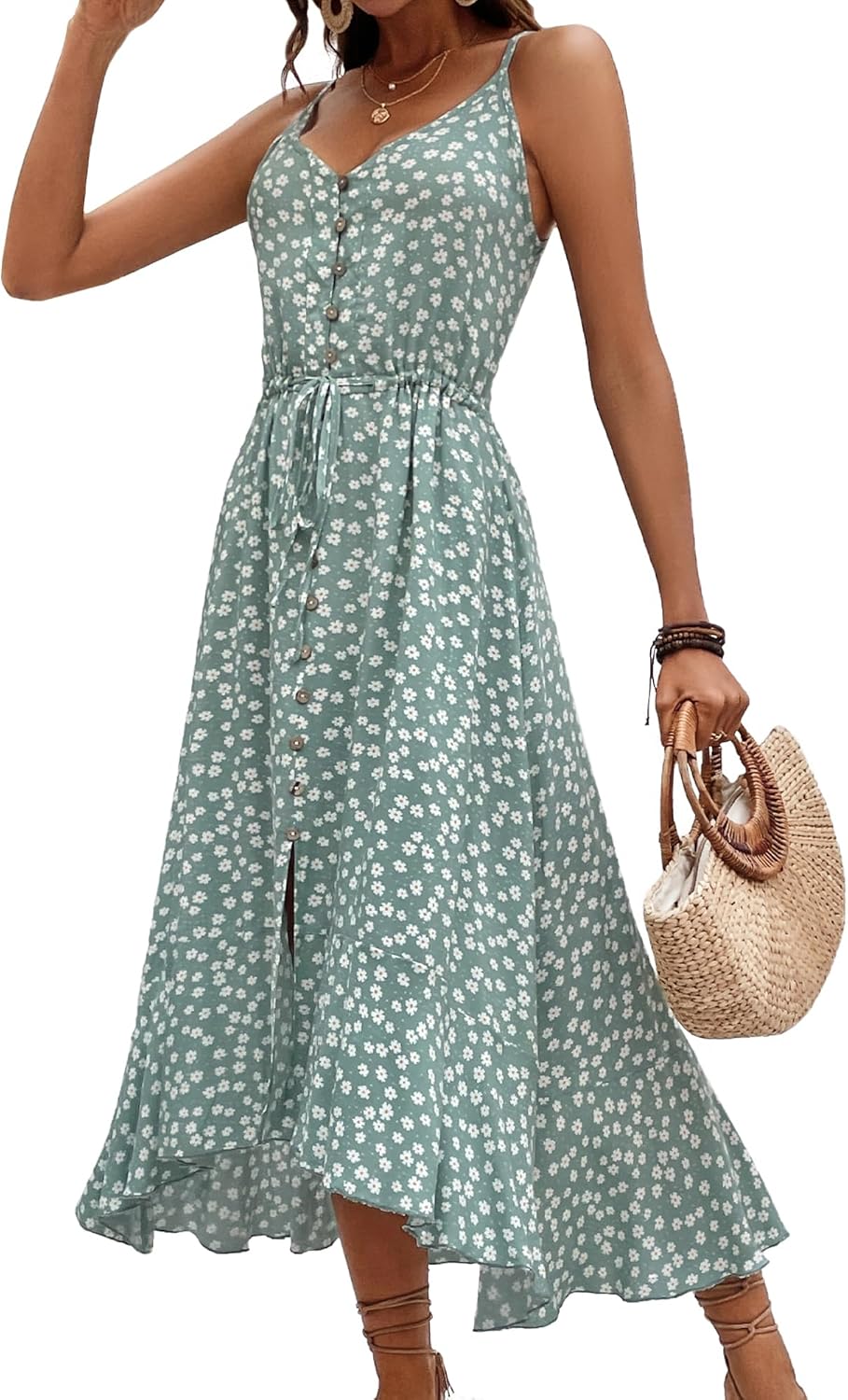 BROVAVE Women's 2025 Summer Casual Boho Sundress Polka Dot Spaghetti Strap V Neck Flowy Midi Dresses