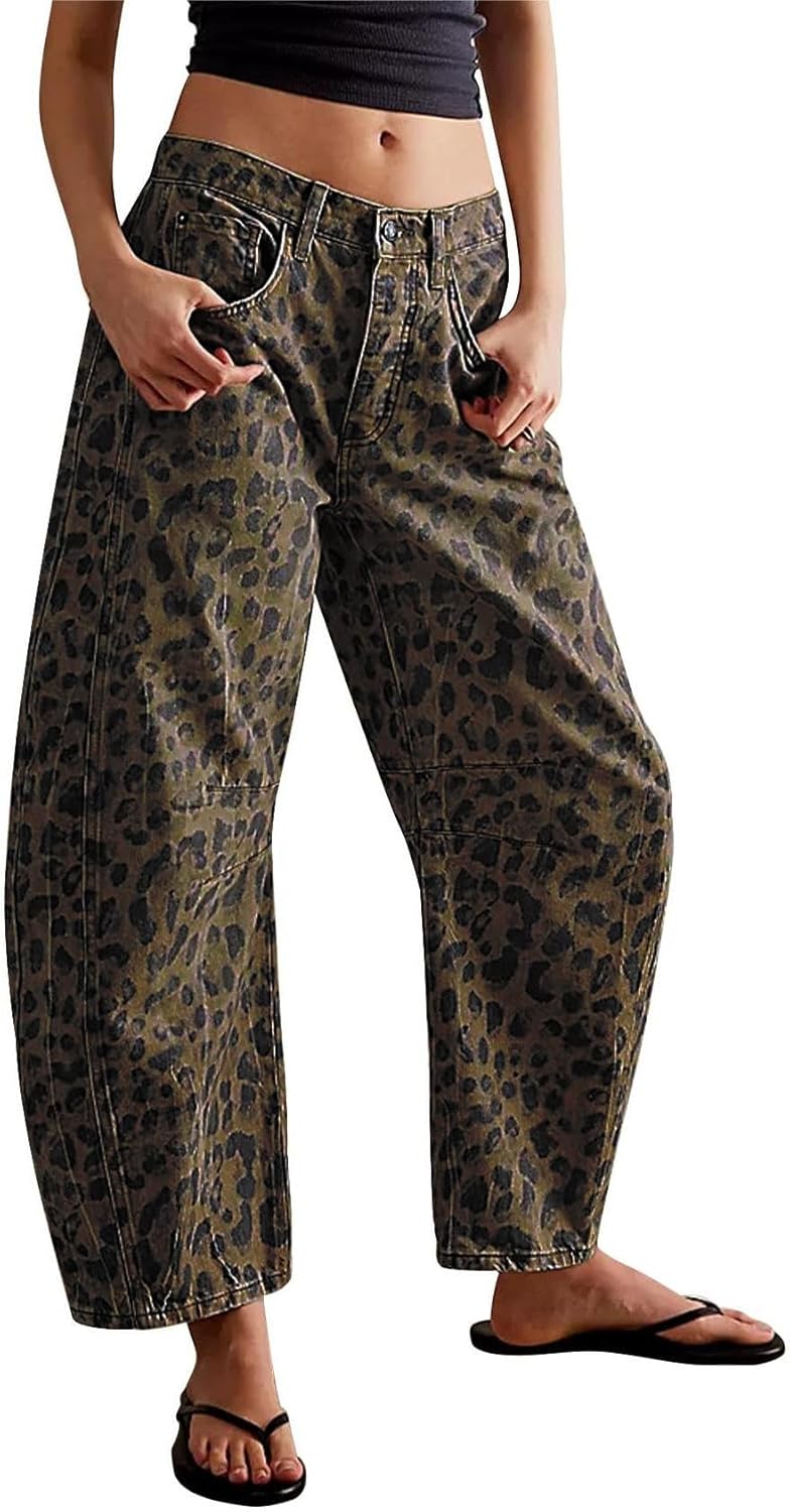 Womens Stretchy Mid Rise Barrel Jeans Vintage Loose Wide Leg Cropped Denim Pants Y2k Baggy Boyfriend Jeans