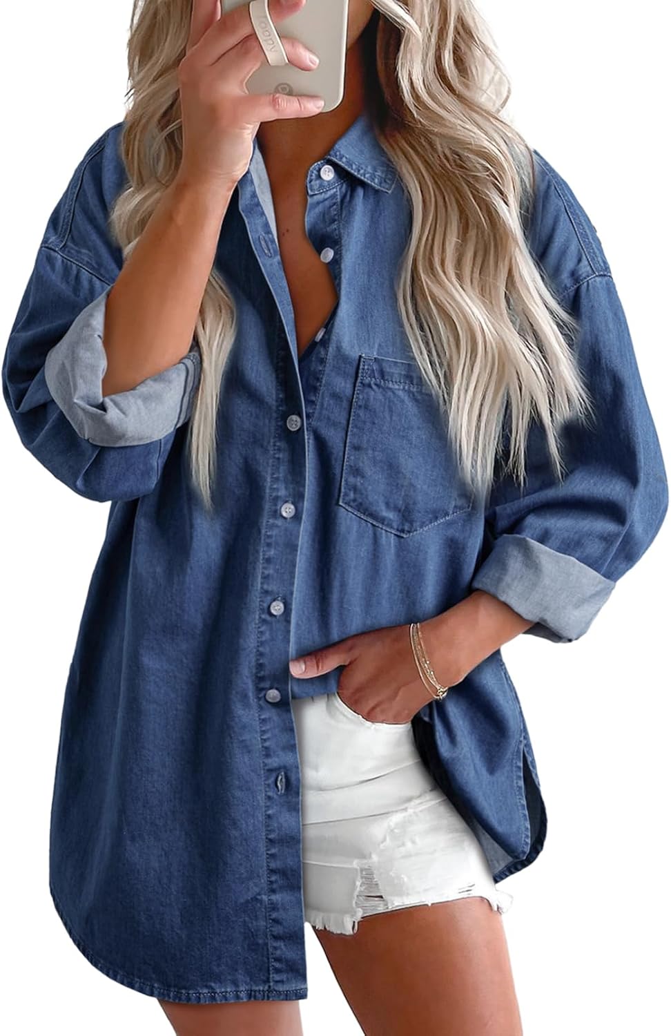 Astylish Women Denim Shirts Button Down Blouse V Neck Casual Tops