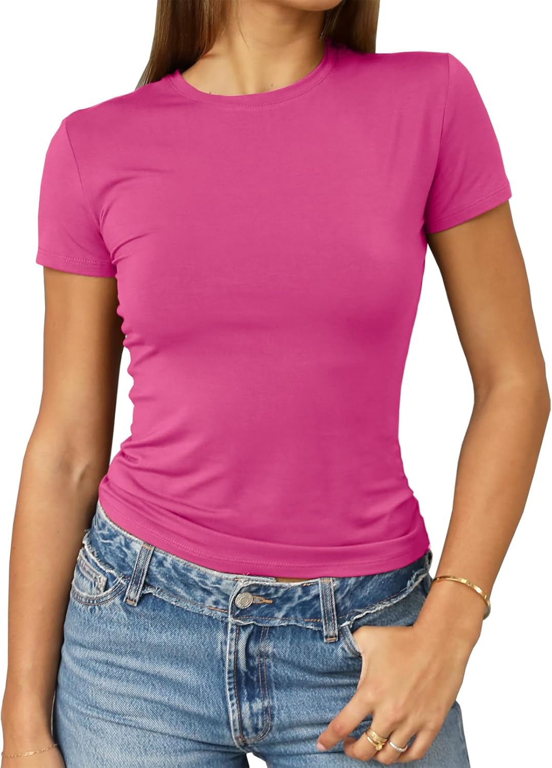 Abardsion Women's Casual Basic Going Out Crop Tops Slim Fit Short Sleeve Crew Neck Tight T Shirts 2025