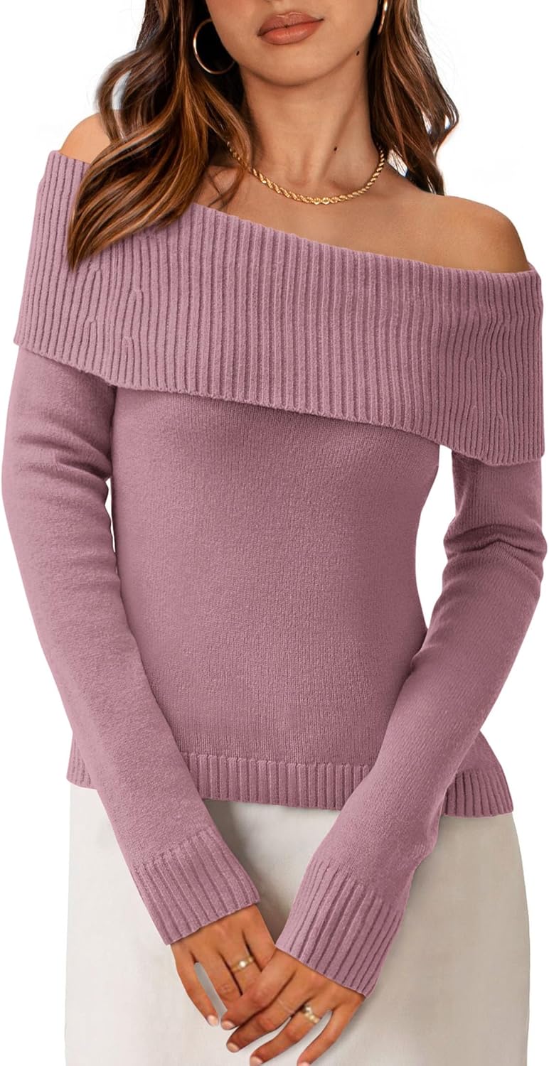 PRETTYGARDEN Off The Shoulder Sweater for Women 2025 Fall Fashion Cute Long Sleeve Tops Winter Ribbed Pullover Knit Outfits