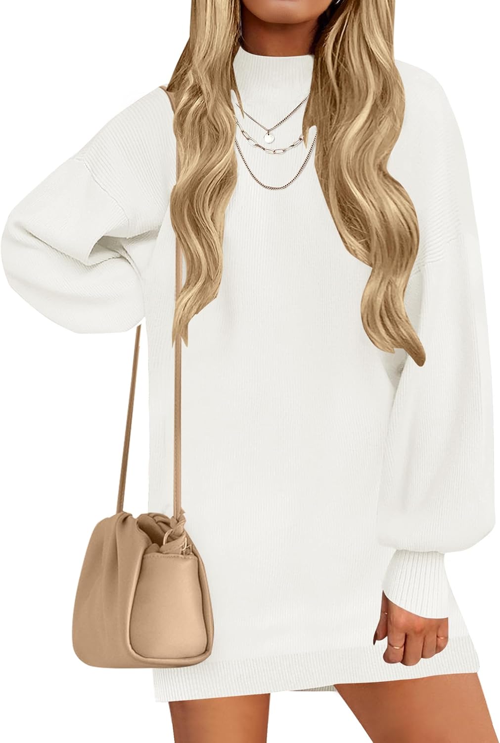 ZESICA Women's 2025 Fall Turtleneck Sweater Dress Oversized Long Lantern Sleeve Casual Knit Pullover Mini Dresses