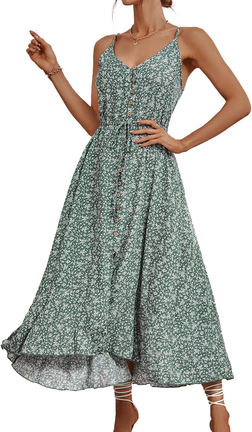 BROVAVE Women's 2025 Summer Casual Boho Sundress Polka Dot Spaghetti Strap V Neck Flowy Midi Dresses