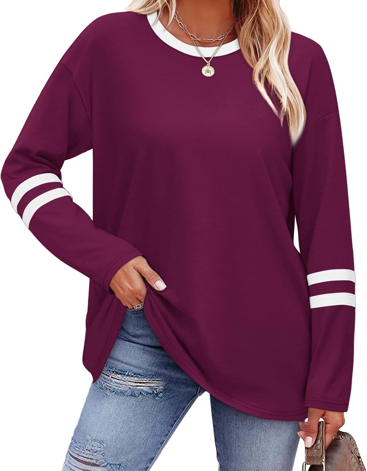 Sampeel Long Sleeve Shirts for Women Color Block Casual Tops Fall Outfits 2025 Basic Tees Trendy Clothes
