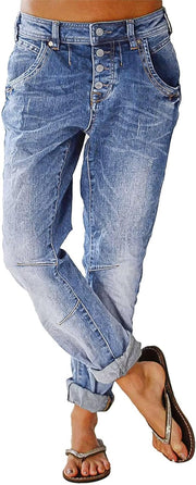 Flamingals Women's Stretchy Straight Leg Casual Low Rise Jeans Wash Button Fly Stitch Detail 90s Trendy Denim Jeans