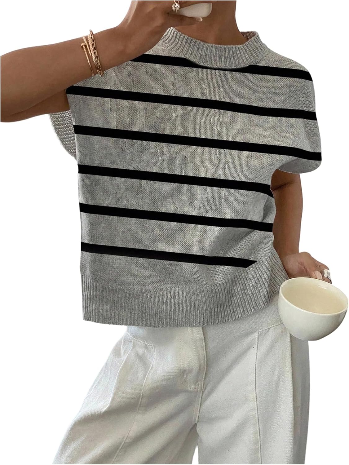 SOLY HUX Women's Ribbed Sweater Crew Neck Short Sleeve Loose Fit Floral Knit Pullover Tops