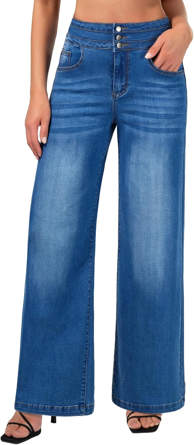 roswear Women's Wide Leg Jeans Casual High Waisted Stretch Baggy Loose Denim Pants
