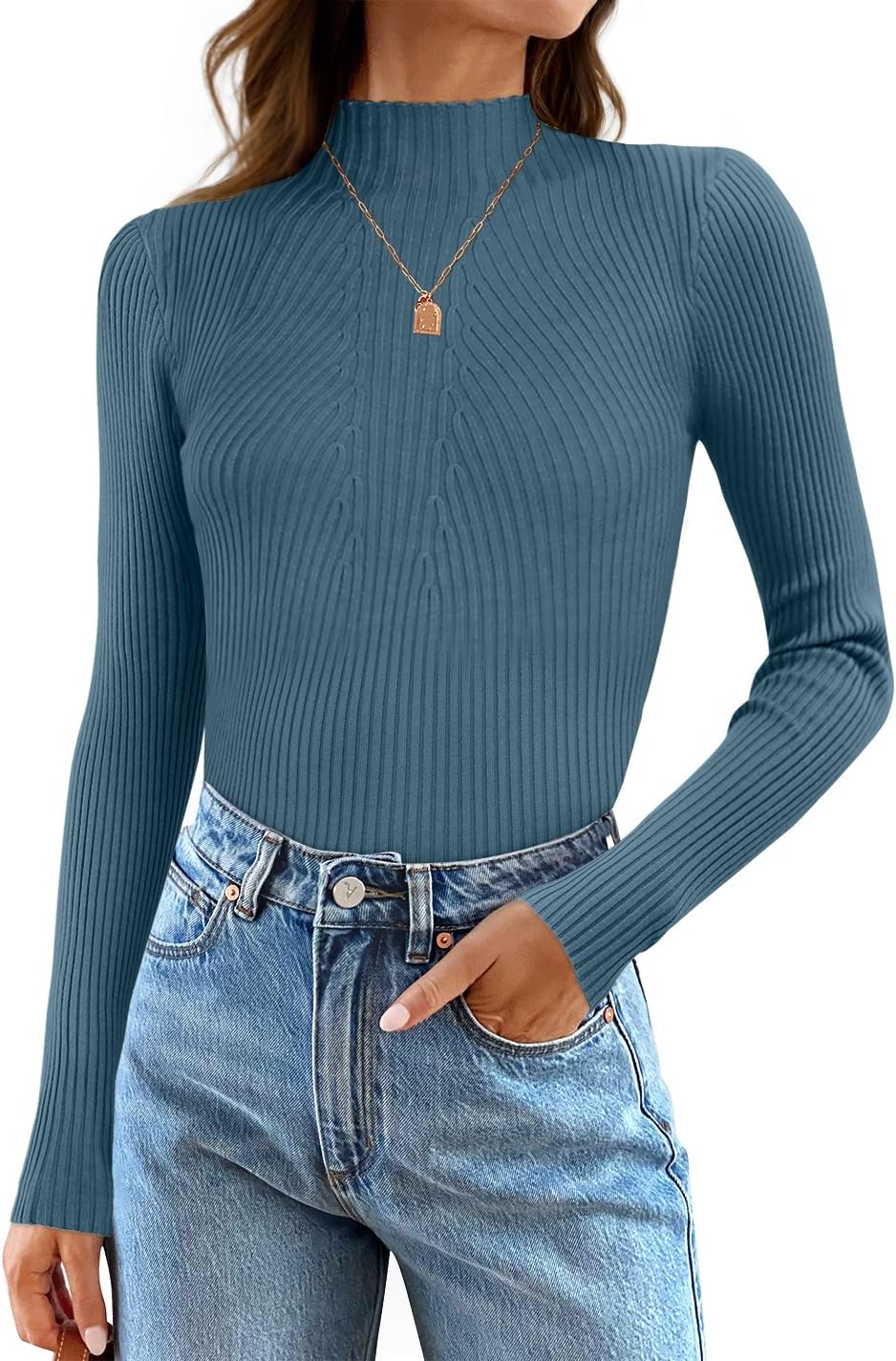 ZESICA Women's 2025 Fall Long Sleeve Turtleneck T Shirt Ribbed Knit Sweater Slim Fit Basic Casual Tee Tops