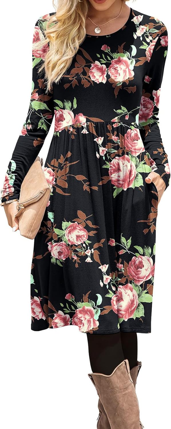 DB MOON Women Casual Long Sleeve Dresses Empire Waist Knee Length Loose Dress with Pockets