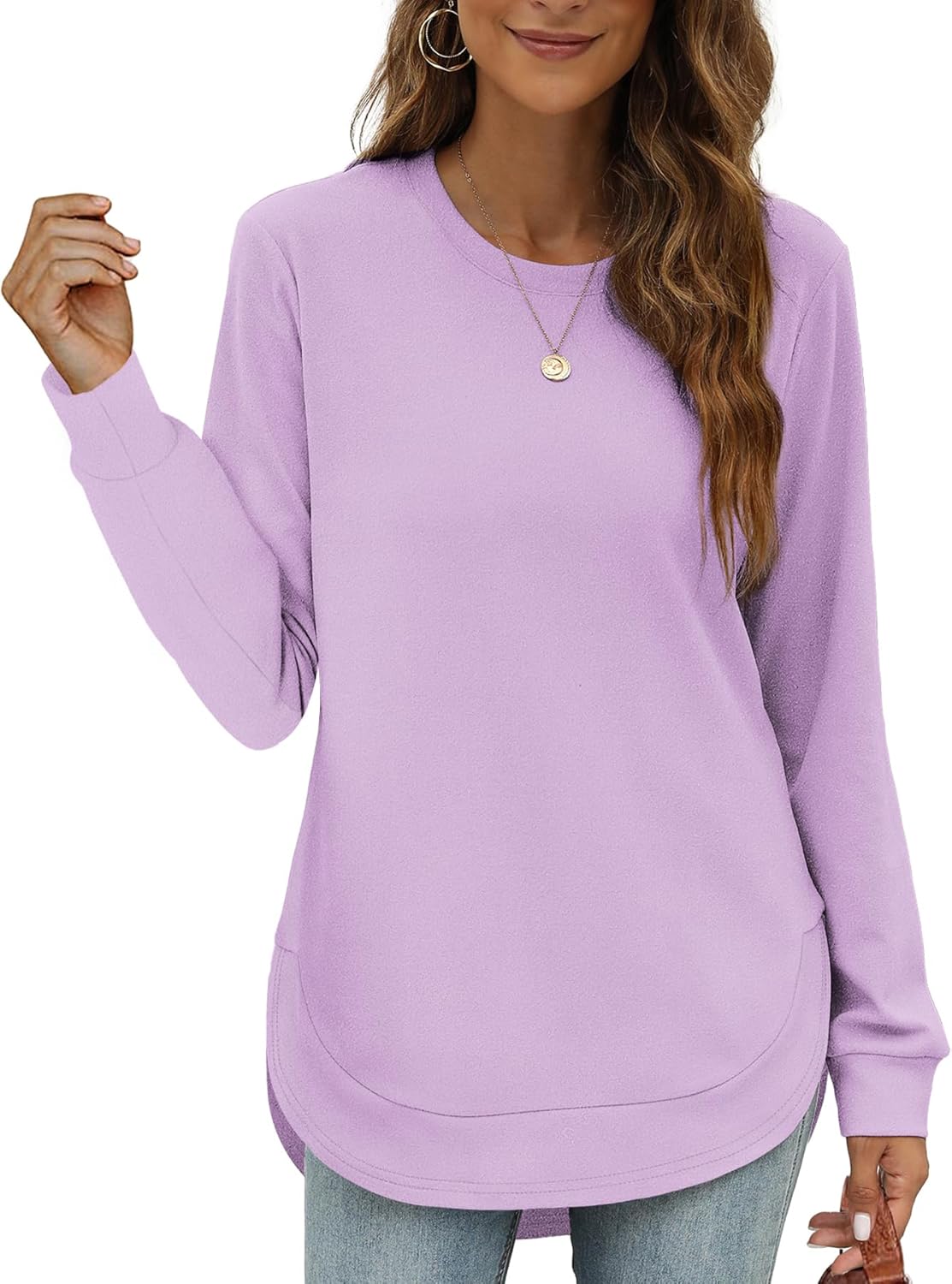 OFEEFAN Womens Sweatshirt Crewneck Long Sleeve Shirts High Low Tops Curved Hem