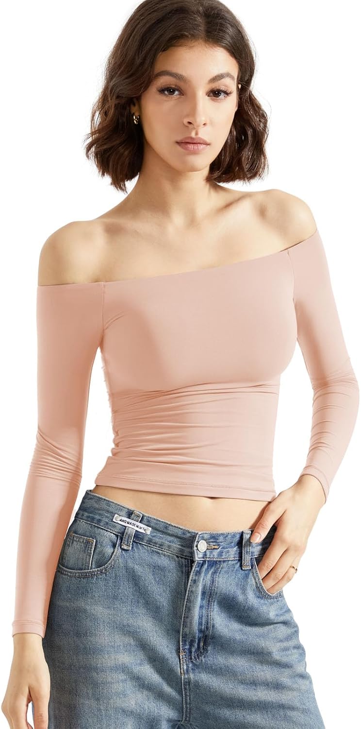 SUUKSESS Women Off Shoulder Double Lined Long Sleeve Shirts Basic Going Out Tops