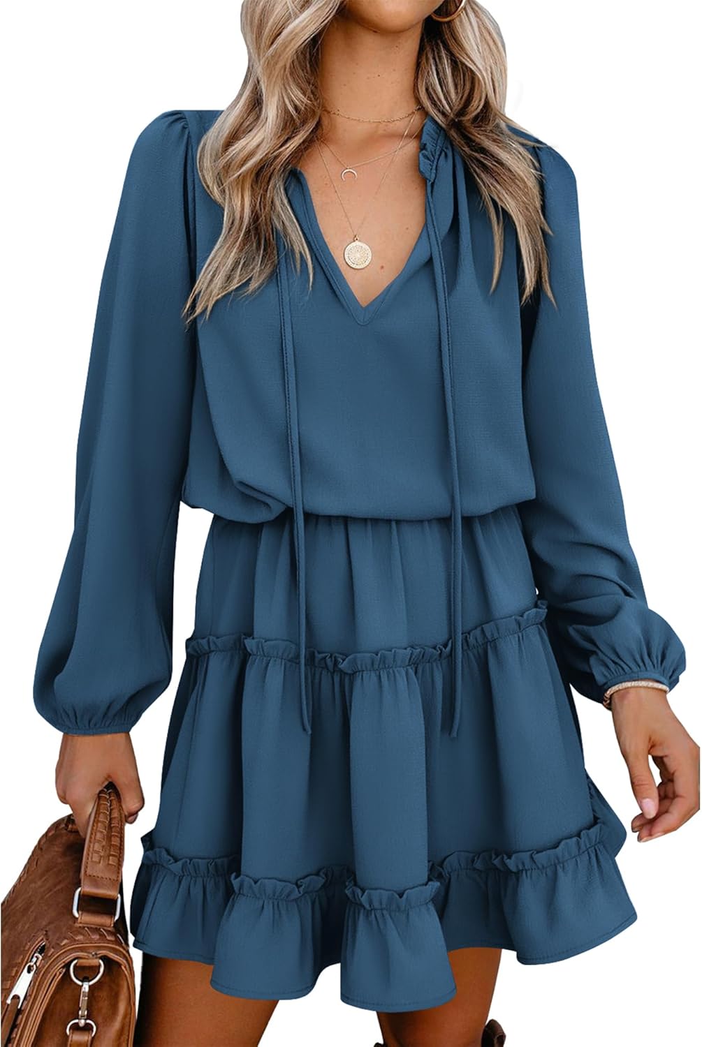 BTFBM Long Sleeve Fall Dresses for Women 2025 Summer Casual Tie Neck Ruffle Tiered A Line Wedding Guest Short Mini Dress