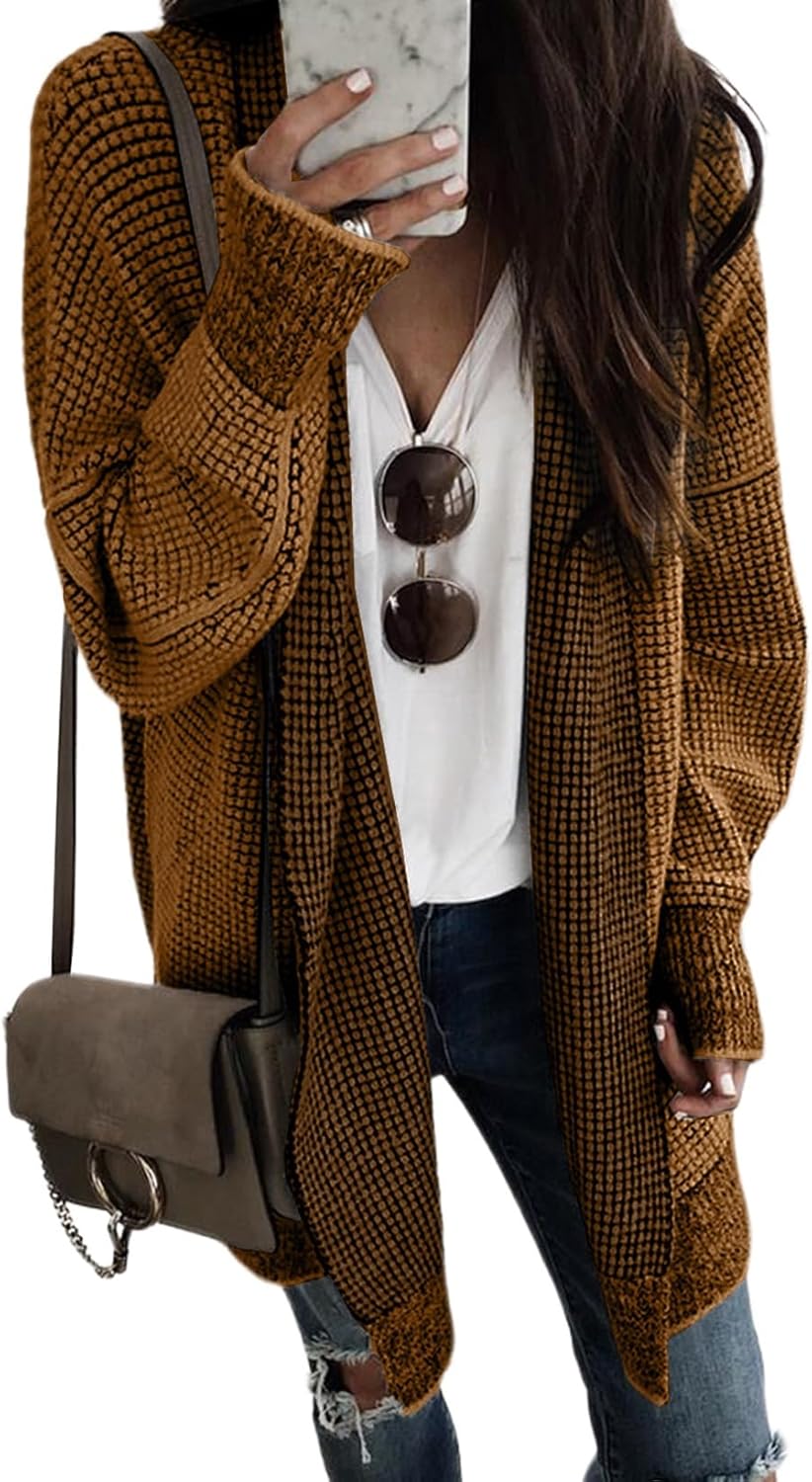 Sidefeel Womens 2025 Fall Outfits Long Sleeve Open Front Cardigan Sweaters Oversized Checkered Chunky Knit Sweaters Coat